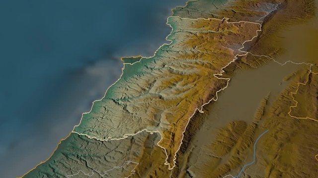 Mount Lebanon, governorate with its capital, zoomed and extruded on the relief map of Lebanon in the conformal Stereographic projection. Animation 3D