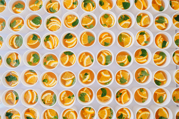 Cups of orange lemonade with mint. Catering, background