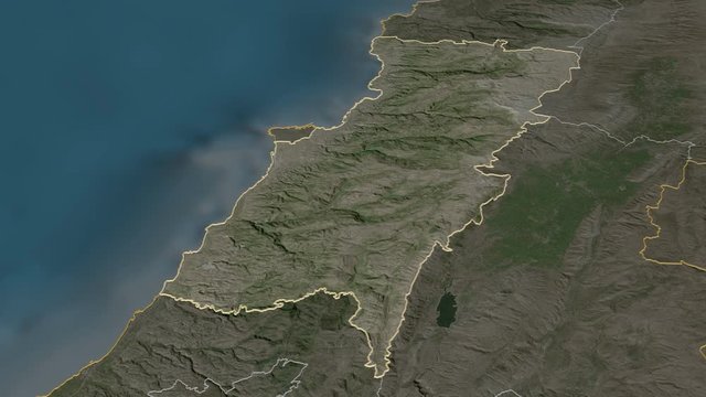 Mount Lebanon, governorate with its capital, zoomed and extruded on the satellite map of Lebanon in the conformal Stereographic projection. Animation 3D