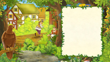 cartoon summer scene with bird eagle with path to the farm village with frame for text - nobody on the scene - illustration for children