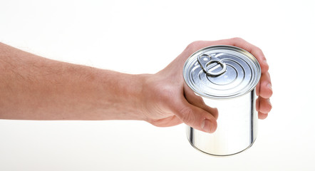 hand giving tin can isolated on white background