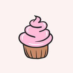 Cupcake with pink cream. Vector color sketch in cartoon style. Illustration of cupcake in doodle style.