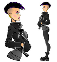 Sexy punk girl. Young woman in a black leather jacket and army boots. Profile view, full length. Comic book character.