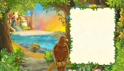 cartoon scene with bird eagle of beautiful castle by the beach and ocean or sea with frame for text - illustration for children