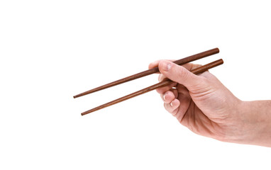 hand holding chopsticks isolated on white