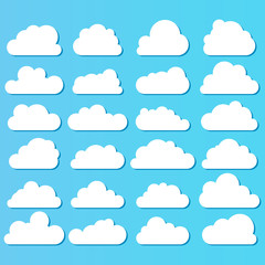Clouds. White clouds in cartoon style of various shapes on a blue background. Vector.