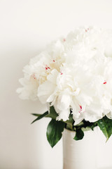 Obraz na płótnie Canvas Lovely peony bouquet close up on white wall background. Stylish white peonies with red petals in vase. Hello spring wallpaper. Happy Mothers day. Happy valentines day