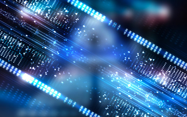 Abstract neon background. Lines and light spotlights. Empty dark scene.