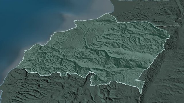 North, governorate with its capital, zoomed and extruded on the administrative map of Lebanon in the conformal Stereographic projection. Animation 3D