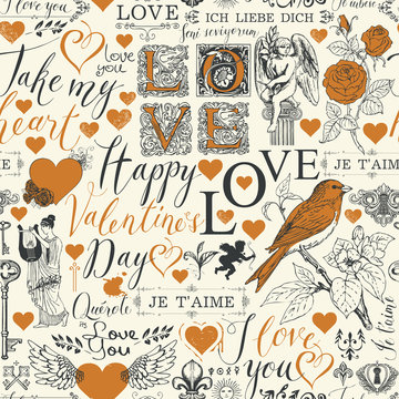 Fototapeta Vector seamless pattern on the theme of Valentines day with red hearts, angels, flowers, birds and inscriptions. Abstract background with the words I love you in different languages in retro style.