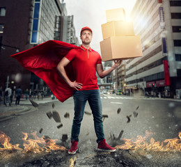 Courier acts like a powerful superhero in a city with skyscrapers. Concept of success and guarantee...