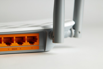 close up wifi internet equipment. colored ethernet panel on wireless hardware. internet concept