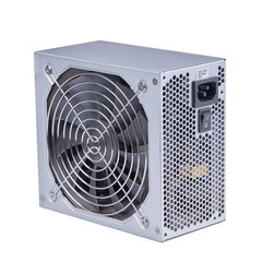 power supply for computer supply. isolated on a white background. silver colored. vertical orientation.