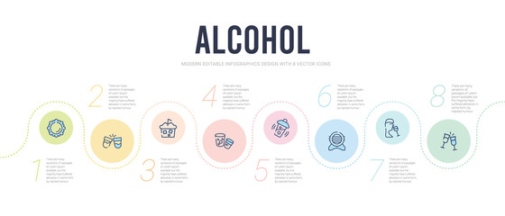 alcohol concept infographic design template. included cheers, wine tasting, wine barrel, shaker, cork, ice coffee icons