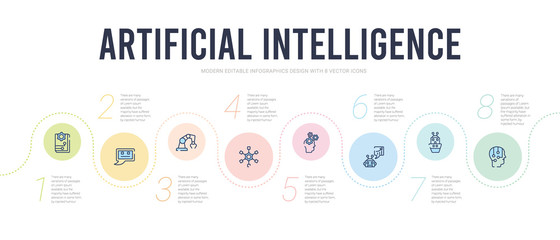 artificial intelligence concept infographic design template. included artificial intelligence, robot, piction, data analysis, algorithm, mechanical arm icons