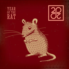 Year of the Rat 2020 Inverted Comic Creative Concept with Mouse Standing on Back Paws and Zeroes Making Mobius Loop Logo Lettering - Gold on Red Background - Hand Drawn Graphic Design
