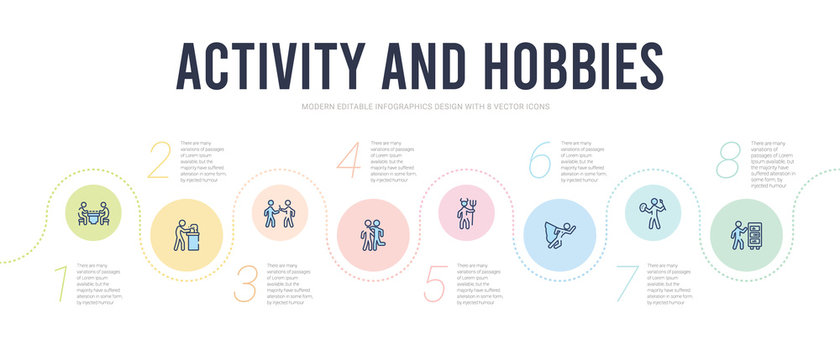 activity and hobbies concept infographic design template. included collecting, coloring, comic, cosplaying, couple huging, dealer icons