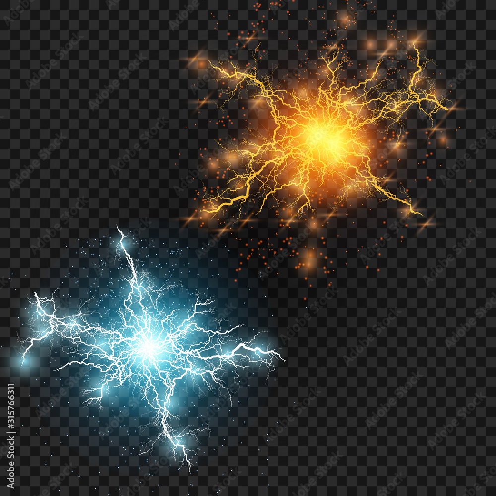 Poster  Lightning flash light thunder sparks on a transparent background. Fire and ice fractal lightning, plasma power background vector illustration