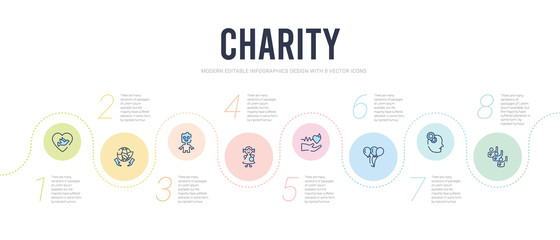 charity concept infographic design template. included voluntary service, awareness, ballons, blood donation, happy kids, smiley face icons