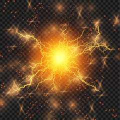  Lightning flash light thunder sparks on a transparent background. Fire and ice fractal lightning, plasma power background vector illustration © Sergey