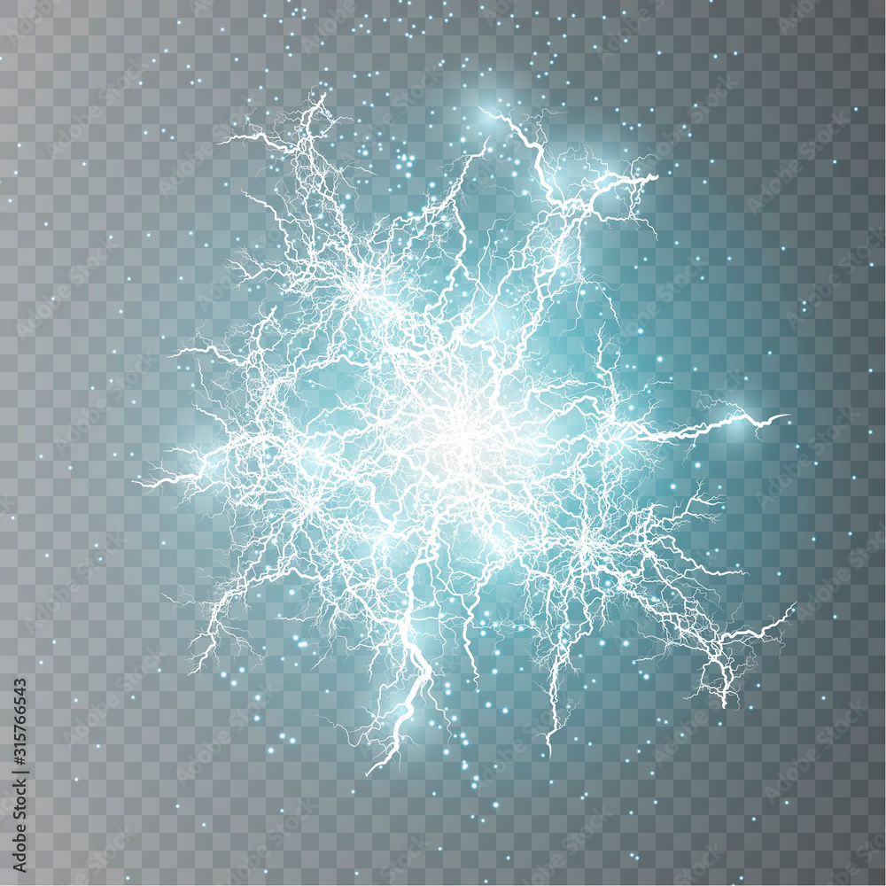Poster  Lightning flash light thunder sparks on a transparent background. Fire and ice fractal lightning, plasma power background vector illustration