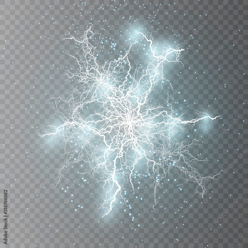 Poster  Lightning flash light thunder sparks on a transparent background. Fire and ice fractal lightning, plasma power background vector illustration
