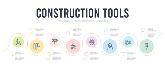 construction tools concept infographic design template. included drawing, loader, electric tower, brick wall, parquet, paint roller icons