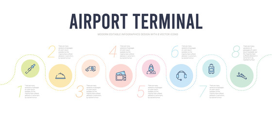 airport terminal concept infographic design template. included plane flying, trolley with luggage, airport headphones, stewardress head, purse with bill, emergency truck icons