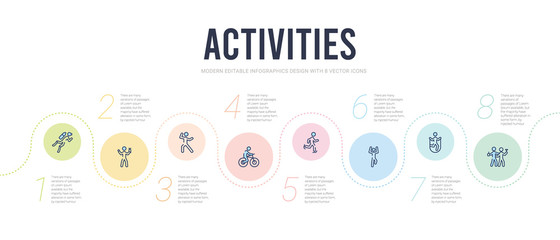 activities concept infographic design template. included hang out, jump rope, yoga, ice skating, biking, martial art icons