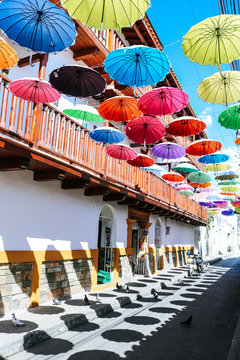 Colourful street in the walled city of Cartagena, Colombia