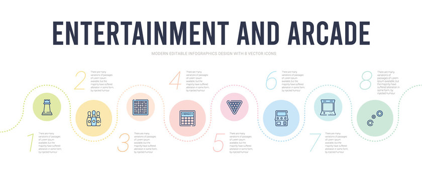 entertainment and arcade concept infographic design template. included air hockey, arcade, arcade game, billiards, bingo, board games icons