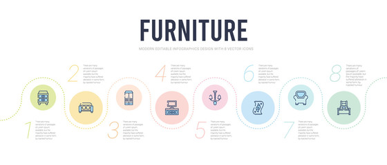 furniture concept infographic design template. included bed, armchair, carpet, chandelier, tv table, closet icons