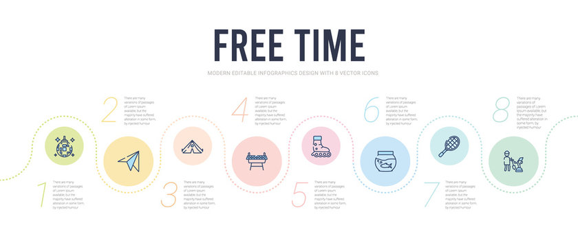 free time concept infographic design template. included gardening, table tennis, fish tank, roller, table football, camping icons