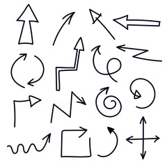 Doodle hand drawn arrows set isolated on white background. Sketch arrow design.