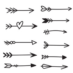 Doodle hand drawn bow arrows set isolated on white background