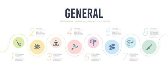 general concept infographic design template. included strong knife, bike horn, two knots rope, fire hose, fire axe, oxidant icons