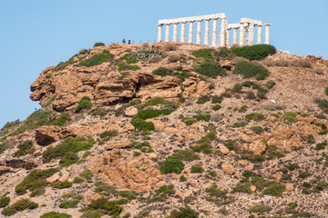 Temple of Poseidon, archaeological site of Sounion, Cape Sounio, Greece. View from the Myrtoan/Mediterranean sea level