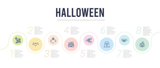 halloween concept infographic design template. included pumpkin face, vampire teeth, ghosts, halloween candy, haunted house, halloween ghost icons