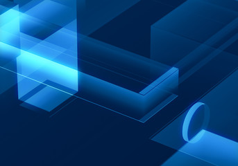 Fototapeta premium Cyber blue isometric neon city virtual reality background. Abstract technology innovation future digital background. 3d rendering.