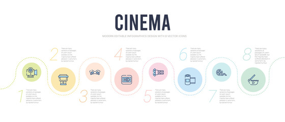 cinema concept infographic design template. included movie clapper, film roll side view, film strip black, film strip of two photograms, hd, old 3d glasses icons