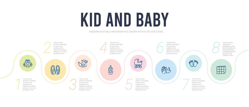 kid and baby concept infographic design template. included cubes, footprints, stork, baby carriage, feeding bottle, rubber duck icons