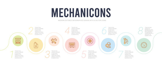 Fototapeta na wymiar mechanicons concept infographic design template. included car speedometer, car with wrench, repair mechanism, car wheel, wash machine, pistons cross icons