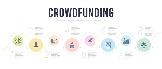 crowdfunding concept infographic design template. included mailing, creator, gif, packaging, price tag, prototype icons
