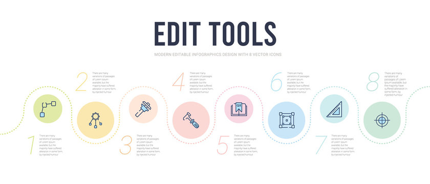 edit tools concept infographic design template. included registration mark, school triangle, free transform, quark, cobbler, calipers icons