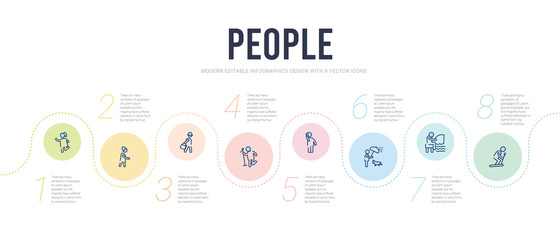people concept infographic design template. included man skiing, sitting man fishing, man protecting a dog with an umbrella, talking with phone, singing, elegant icons