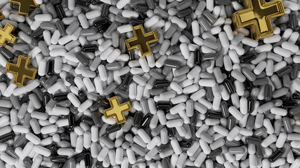 Heap of medicine tablets. Background made from pills or capsules in white and gray colors with medical sign in shape of cross made by gold. 3d illustration