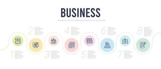 business concept infographic design template. included business, hierarchy structure, cashbox, currencies, newspaper page, ranking factor icons