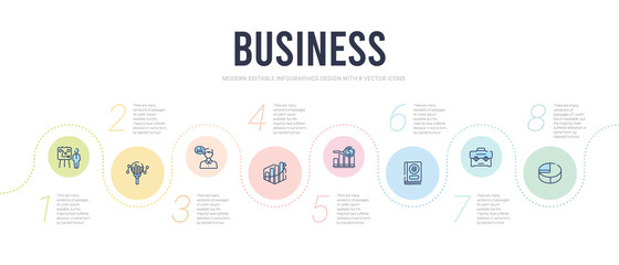 business concept infographic design template. included quarter pie chart, bussines briefcase, email contacts, dollar analysis bars chart, increasing stocks graphic of bars, businessman talking about