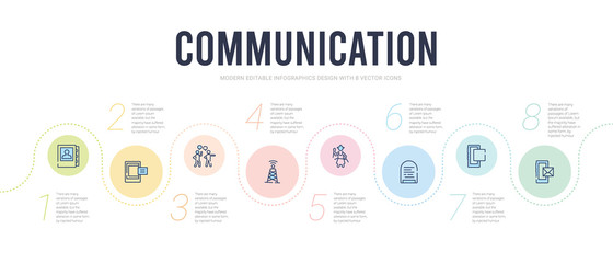 communication concept infographic design template. included mobile with envelope, arroba, text lines, news reporter, radio antenna, quarrel icons
