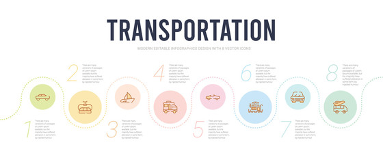 transportation concept infographic design template. included airport shuttle, automobile, caboose, cabriolet, camper car, catamaran icons